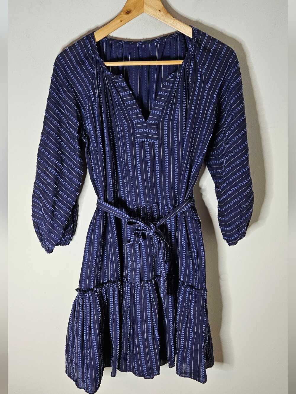 Lemlem Tiered Mini Dress Navy Blue Cotton Blue Tufted Tunic Neck Long Sleeves M